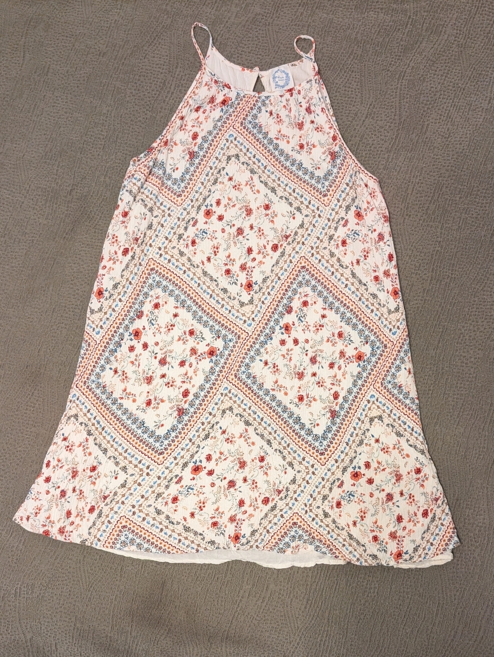 Blue Rain Floral Boho Swing Dress Cream Patchwork Print L Fits Small